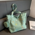 Light green canvas tote bag with embroidery, wide strap and matching round coin purse - Green
