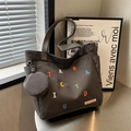 Dark grey canvas tote bag with colorful embroidery and matching round coin purse - Dark Brown