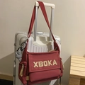 Burgundy large capacity tote bag with XBOKA letter patch and checkered plush charm - Red with Pendant