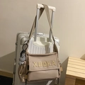 Khaki large nylon tote bag with XBOXA embroidery and checkered plush pendant - Khaki With Pendant