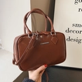 Brown faux leather rectangular handbag with silver metal logo and dual zipper closure - Brown