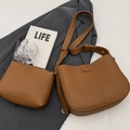 Brown litchi grain leather bucket bag set with matching small zipper pouch - Brown