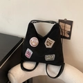 Versatile borsa tote nera con toppe ricamate vintage e tracolla regolabile rimovibile - Nero