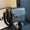 Retro black leather square crossbody bag with wide strap and gold hardware accents - Black