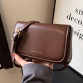 Deep coffee brown leather crossbody bag with golden hardware and fashion lettering - Brown