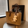 Light khaki large capacity tote bag with dark brown handles and a cute plush teddy bear charm - Khaki With Pendant