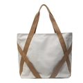 Grande borsa tote in tela crema con manici intrecciati marroni per uso quotidiano - Bianco Sporco