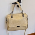 Chic beige crossbody square bag with quilted texture and dark grey chain handle - Off-white