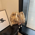 Golden sequin bucket bag with silver chain strap and white pearl drop accents - Gold
