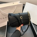 Classic black litchi pattern leather shoulder bag with gold metal ring and dual straps - Black