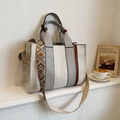 Beige canvas tote bag with grey leather handles and vintage geometric shoulder strap - Small Brown