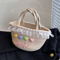 Beige gewebte Baumwolltasche mit weißem Spitzenbesatz und bunten 3D-Herzmotiven - Gebrochenes Weiß