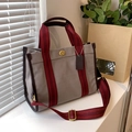 Canvas tote bag with red striped handles and golden turn-lock closure for commuting - Small / Gray
