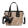 Chic khaki canvas bucket bag with black leather trim and a cute dog charm attachment - With Pendant / Khaki