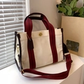 Canvas tote bag in beige with reddish striped handles and metal twist lock - Small / White