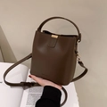 Minimalist dark brown leather bucket bag with gold hardware and top handle strap - Universal Specification / Dark Coffee