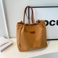 Brown canvas tote bag with leather straps and minimalist logo patch for women - Brown No Pendant