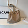 Beige canvas tote bag with colorful letter embroidery and brown leather KERBAG label - Khaki