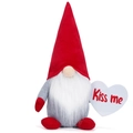 Detail of plush Valentine gnome holding a white heart with Kiss me text in red - Red Style (Kiss me)