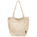 Beige canvas tote bag with front zipper pocket and minimalist woven strap detail - White