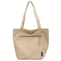 Beige canvas tote bag with front zipper pocket and slim shoulder straps for women - Khaki