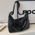 Large black minimalist tote bag in soft textured faux leather with gold hardware detail - No Pendant / Black