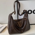 Retro deep brown faux leather tote bag with vintage gold buckle in a minimalist setting - No Pendant / Brown