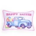 Oster-Kissen mit blauem Vintage-Truck, bunten Eiern und dekorativem rosa Rand - LKW-Muster Stil