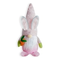 Close-up of Easter gnome with pink bunny ears holding a felt carrot decoration - Pink