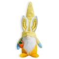 Detail of yellow Easter gnome plush with bunny ears holding a small carrot - Yellow
