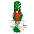 Green St. Patrick's Day gnome with orange beard and striped legs on books - Square Hat Male Style