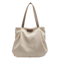 Bolso tote de lona beige con asas de cuero marrón y detalles de diseño minimalista - Blanco Roto