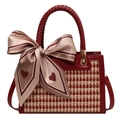 Red houndstooth handbag for women with a large heart pattern silk bow decoration - Burgundy
