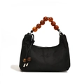 Black nylon cloud bag with amber acrylic beads and floral embroidery shoulder strap - Black Jacquard Amber Bead Style / Black