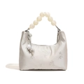 Silver satin pleated handbag with pearl bead strap and floral jacquard texture - Silver Jacquard Pearl Style / Silver