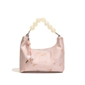 Pink satin hobo bag with floral embroidery and transparent beaded top handle - Pink Jacquard Pearl Style / Pink