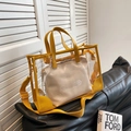 Summer yellow jelly tote bag set with clear PVC outer and beige inner pouch - Yellow