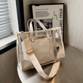Chic transparent PVC tote bag with cream leather trim and matching inner zipper pouch - Off-white