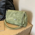 Grass green corduroy shoulder bag with flap closure and elegant metal chain detail - Green