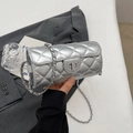 Silver quilted cylinder shoulder bag with metallic finish and silver chain strap - Silver