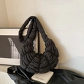 Black puffy quilted cloud bag with pleated texture and adjustable shoulder strap - Black
