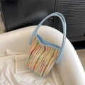 Colorful striped woven tote bag with light blue handles and silver rings for summer - Blue