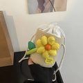 Mini straw bucket bag with sunflower decor and 'I'm stuck on you' slogan strap - Off White