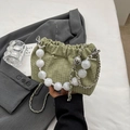 Bolso nube plisado verde hierba con asa de perlas y correa de cadena plata - Verde