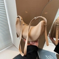 Beige crescent dumpling bag with pleated corduroy texture and adjustable strap - Khaki
