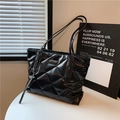 Large black quilted tote bag with glossy finish and fashion metal plate for women - Black
