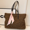 Dark brown straw tote bag with purple heart print scarf and leather shoulder strap - With Silk Scarf / Brown