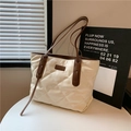 Quilted off-white tote bag with brown leather straps and fashion logo detail - White