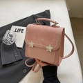 Pink faux leather vintage backpack with star metal buckles and beaded trim details - Pink Without Pendant
