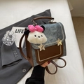 Vintage denim and leather mini backpack with pearl trim and plush pendant detail - Denim Blue With Pendant